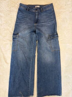 OAT New York Wide Leg Cargo Jeans 10/30 Y2K Blue Denim Raw Hem